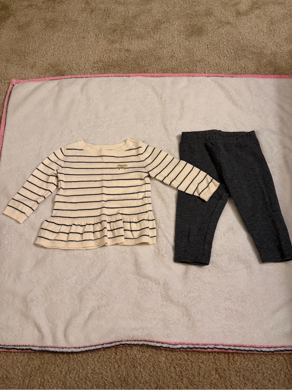 Girls Cream Stripe Peplum Top & Charcoal Leggings Set